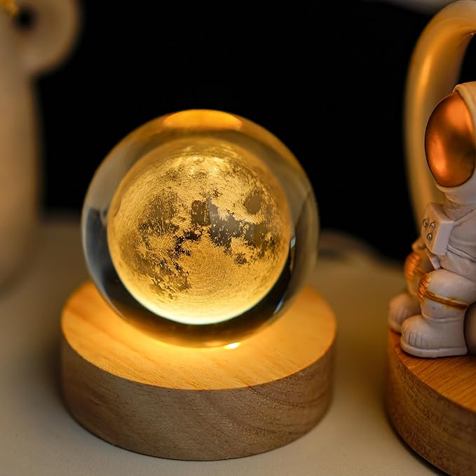 Crystal Moon Crystal Ball with Light Base Night Light 2.3Inches Glass Moon Globe Home Decor Birthday Gift for Women, Friends, Family