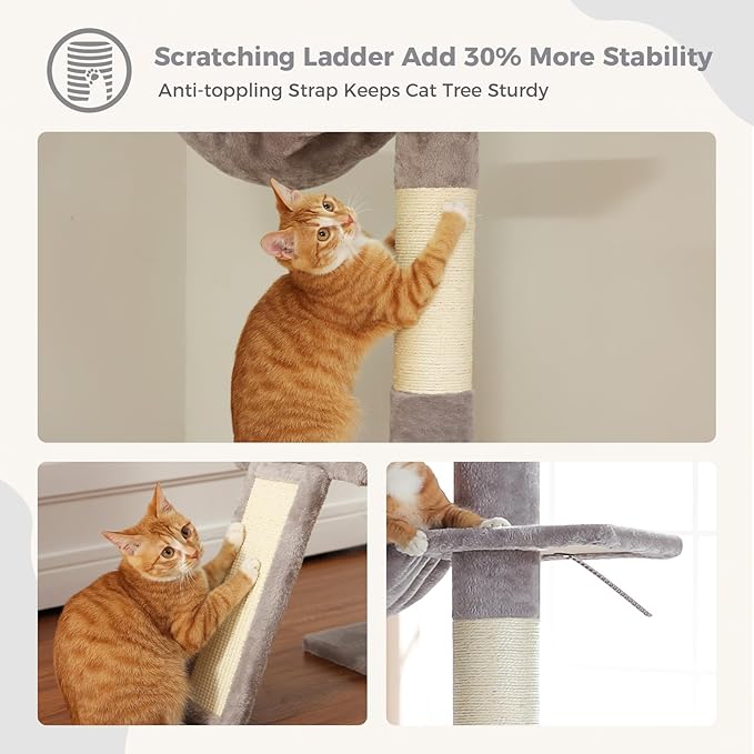 PEQULTI Cat Tree Floor to Ceiling, Tall Cat Tower, Adjustable Height (83''-108'') 5 Tiers Climbing Tree for Indoor Cats with Cat Condo, Scratching Post and Ladder, Grey