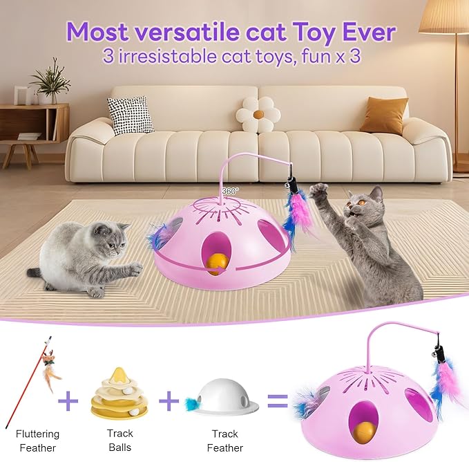 Cat Toys 3in1 Automatic Interactive Cat Toy for Indoor Cats,Interactive Kitten Toy, Fluttering Feather, Track Balls, Rotating Track Feather Enrichment Kitty Toys (Pink)