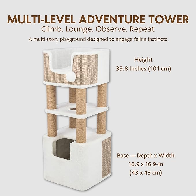 Trixie 39.8" Lucano Cat Tree, Indoor Cat Furniture with Jute Scratching Posts, Plush Condo, Interactive Toys - Taupe