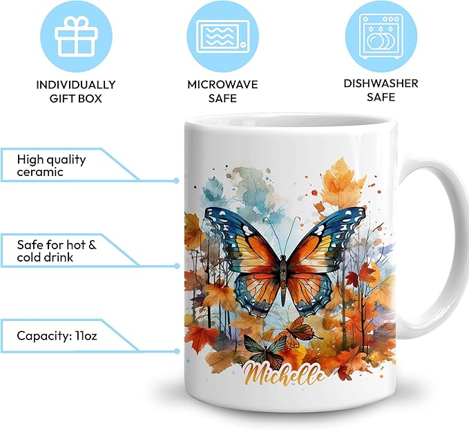 Hyturtle Personalized Fall Butterfly Maple Leaves Coffee Mug - Birthday Gifts For Butterfly Lovers - Fall Autumn Decor Gifts For Farmhouse Thanksgiving - Custom Name 11oz White Ceramic Coffee Tea Mug