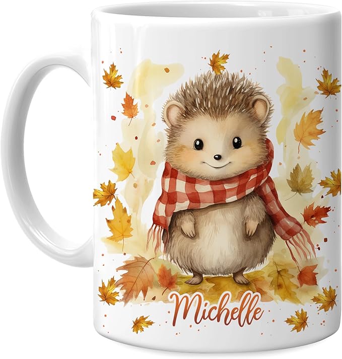 Hyturtle Personalized Fall Hedgehog Maple Leaves Coffee Mug - Birthday Gifts For Hedgehog Lovers - Fall Autumn Decor Gifts For Farmhouse Thanksgiving - Custom Name 11oz White Ceramic Coffee Tea Mug
