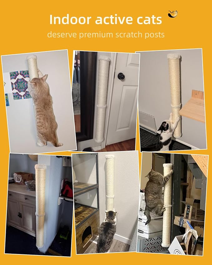 Aechonow 34'' Wall Cat Scratching Post, Wall Mounted Cat Scratcher for Indoor Cats, Tall Sisal Pole for Large Adult Cat Pet Climb Stretch Walk