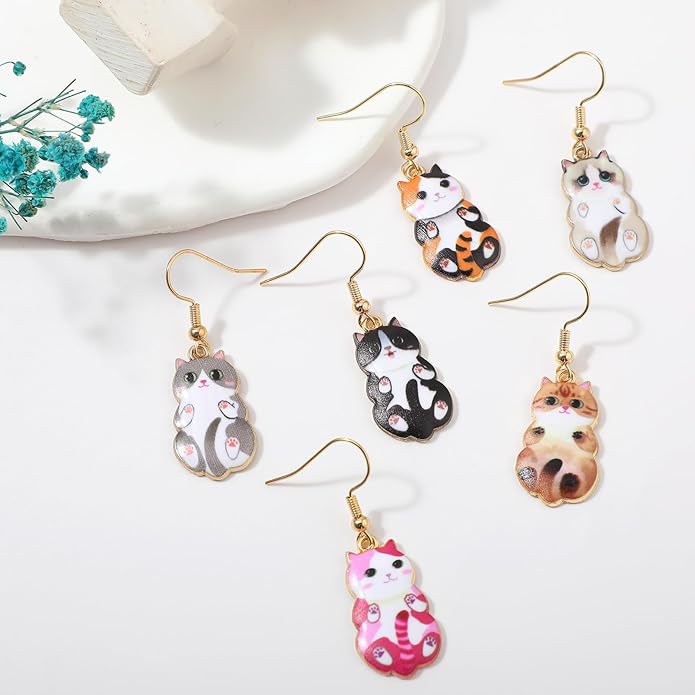 Mabor 6 Pairs Cute Cat Earrings for Women Colored Kitty Cat Earrings Alloy Drop Dangle Fun Anime Animal Earrings Aesthetic Funny Cartoon Earings Jewelry Gifts for Cat Lovers