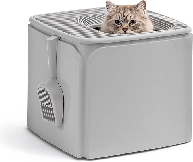 IRIS USA Cat Litter Box Top Entry with Scoop, Covered Dog Proof Litter Box Design, Enclosed Square Style Litterbox with Odor Control, Easy to Clean for Cats, Gray