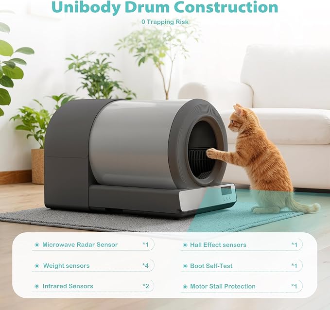 Stainless Steel Self-Cleaning Cat Litter Box, Smart APP Control Automatic Litter Box with Safety Sensors, Odor Control, Low-Entry, Large Capacity Design for Multiple Cats (Grey)