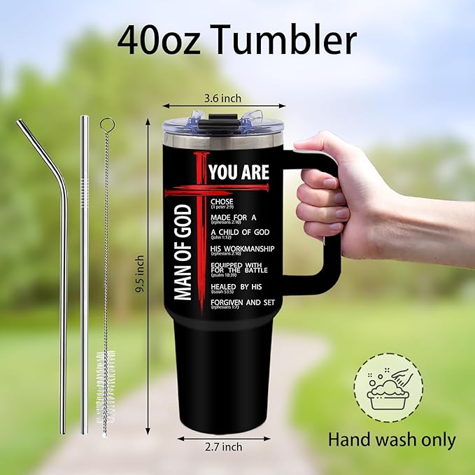 God Gifts for Men - 40oz Gods Tumbler with Straw and Handle, Man of God Insulated Tumblers, Stainless Steel, Leak-proof, Bpa-free, Spiritual Encouragement, Christian Gifts for Men, Appreciation Gift