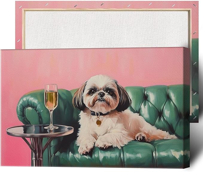 Shih Tzu With Champagne Wrapped Framed Print Poster Whimsical Pet Art Bar Cart Decor Wall Art Room Decor Aesthetics Ready To Hang 12X18 inch