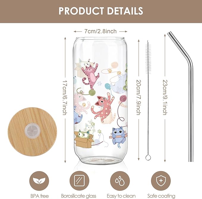 Joeyan Glass Cup with Lid and Straw - 20oz Iced Coffee Cups with Positive Crochet Cat Doll, Cute Cat Glass Tumbler for Smoothie Boba Tea, Cats Lover Gifts for Women, Birthday Mothers Day Gift for Her