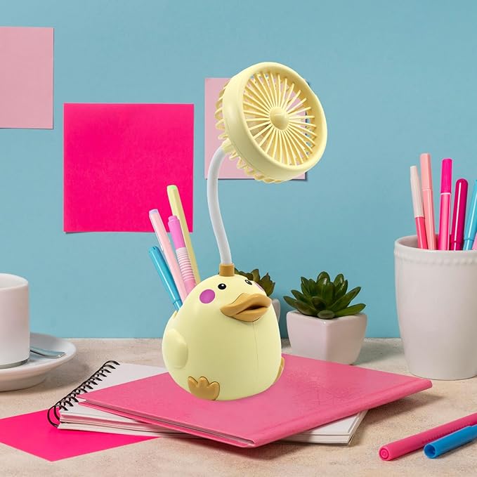 Cute Yellow Duck Desk Fan with Pen Holder — Animal Fan, Duck Decor for Office, Funny Accessories, Small USB Fan, Unique Teacher Gift, Coworker Gift, Novelty Decor
