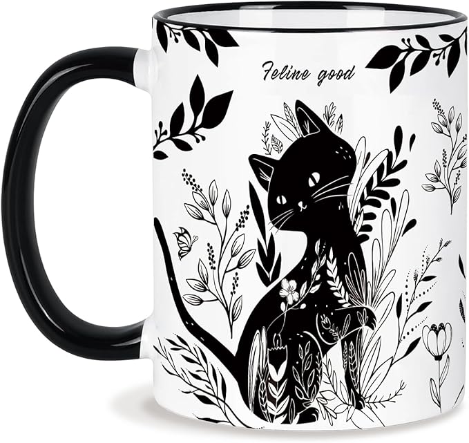 Black Cat Mug 11 Oz Mothers Day, Birthday Gifts for Women, Black and White Boho Cats Coffee Mug,Birthday Gifts for Cats Lovers Women,Friends,Mom,Grandma Ceramic Cup Microwave & Dishwasher Safe