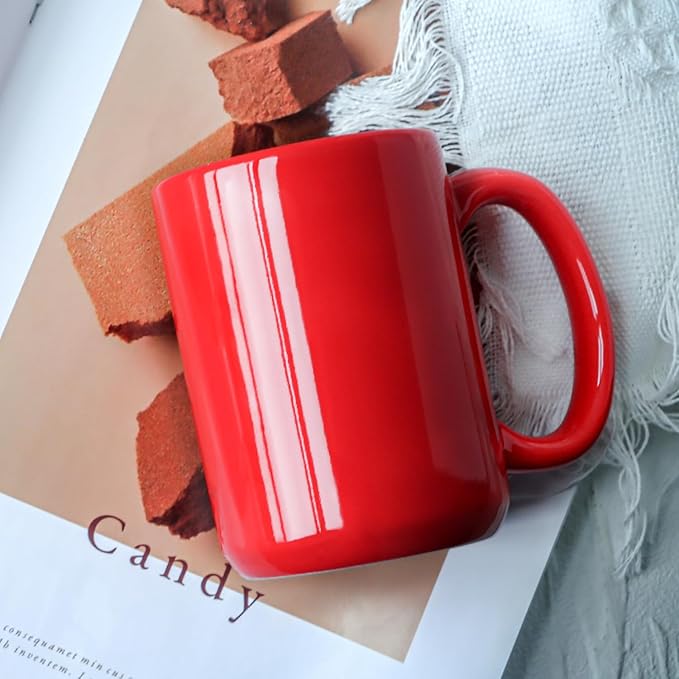 16 OZ Porcelain Coffee Mug, Classic Blank Ceramic Cup with Large Handle for Tea Latte Cappuccino, Red