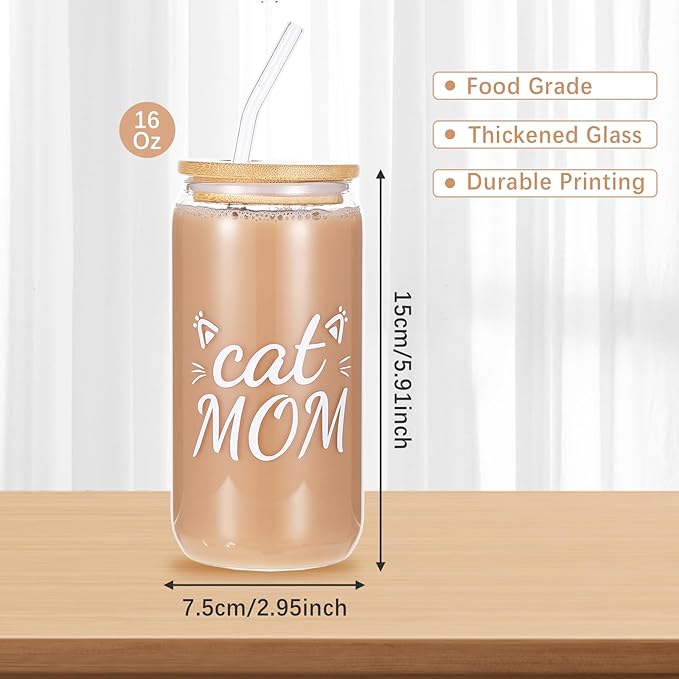 Cat Mom Gifts for Women Funny Gifts for Cat Lovers Pet Owners Iced Coffee Glass Cup with Lid and Straw Mom Keychain Socks Close Friend Cup Birthday Christmas Mothers Day Present
