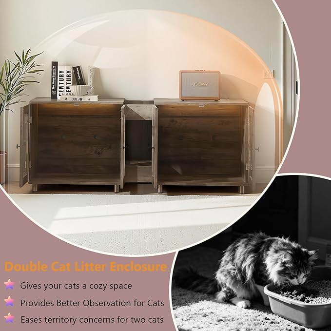 Double Cat Litter Box Enclosure for 2 Cats, Modern Double Litter Furniture with 7-Color LED & Built-in Power Outlet, Large Cozy Cat Space, 4 Glass Doors for Clear Viewing (Grey)