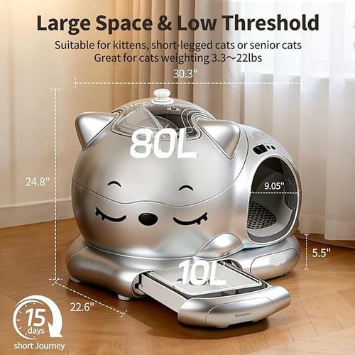 Automatic Cat Litter Box for Multiple Cats, Large Capacity Detachable Top Self-Cleaning Litter Box with App Control & AI Monitoring, Odor Control, Safety Sensors (Silvery)