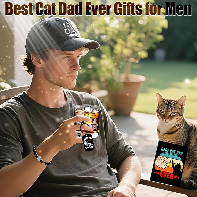 JTAMOHI 15 Pieces Cat Dad Gifts for Men, Cat Lover Gifts for Men with 11 Oz Whiskey Glass Cup 4 Whisky Ice Cubes Coaster Hat Socks Bracelet Keychain Bookmark, Father’s Day, Birthday, Christmas Gift