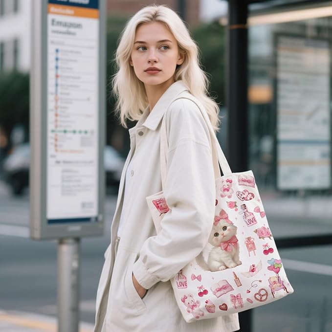 Aesthetic Canvas Tote Bag for Women - with Magnetic Snap Closure & Zipper Inner Pocket Reusable Bag for Shopping