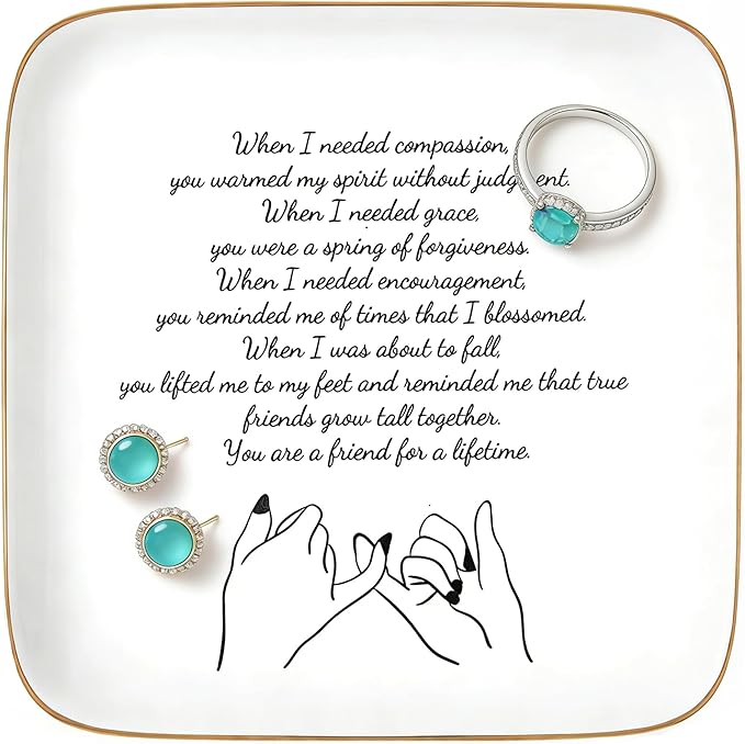 Friend Gifts for Women Friends, Long Distance Friendship Jewelry Tray - Ceramic Trinket Dish Birthday Gifts for BFF Bestie - Unique Sentimental Soul Sister Gifts, 5.5"x5.5" (Friend for a Lifetime)