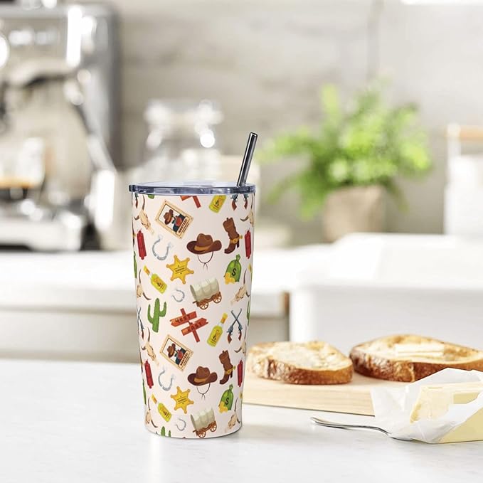 Western Tumbler 20oz Boho Western Stainless Steel Insulated Tumblers with Lid and Straw Beige Travel Coffee Mug Tea Wine Cups Water Bottle Gifts for Women