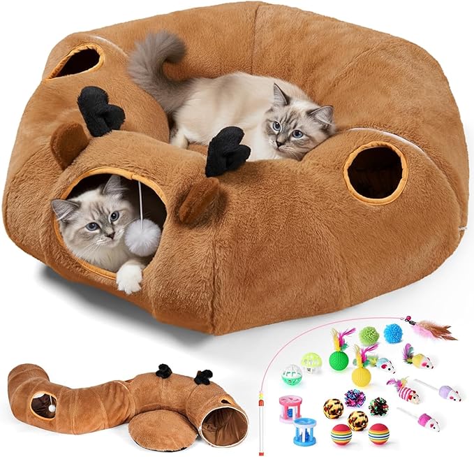 Cat Tunnel Bed with 20 Pcs Interactive Toys, 3-in-1 DIY Collapsible Plush Cat Tube with Washable Mat, Large Indoor Play Tunnel Cave for Kittens and Small Animals