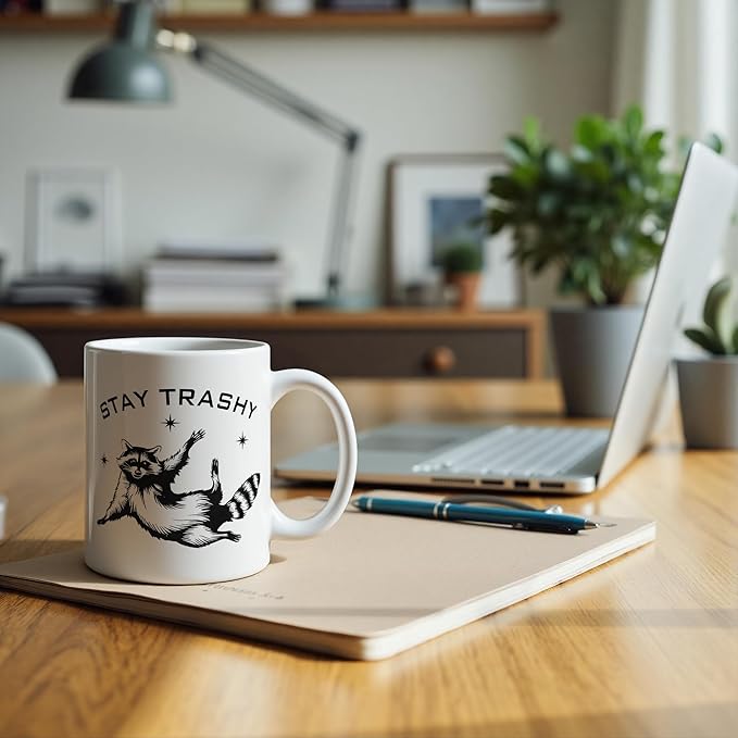 Funny Stay Trashy Raccoon Meme Mug 11 oz, Raccoon Lover Gifts Coffee Cups Ceramic, Humorous Trash Panda Ceramic Mug for Coffee Tea Hot Cocoa Home Office Work