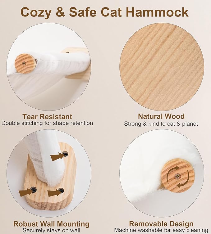 Cat Stairs Hammock Set of 3 – Cat Wall Shelves with 1 Floating Fabric Hammock, 2 Wall Ladders with 4 Steps Each