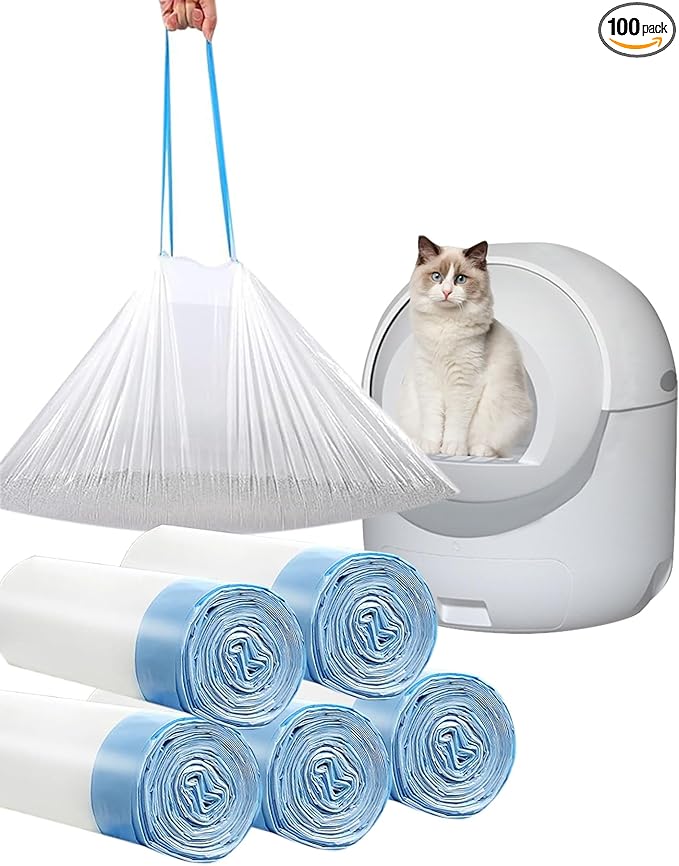 100 Count Cat Drawstring Litter Box Liners 26.6x16.7 inches 2Mils Super Thick for the litter robot 4, 3 Cat Litter Pan Trays (Blue Drawstring 100 count)