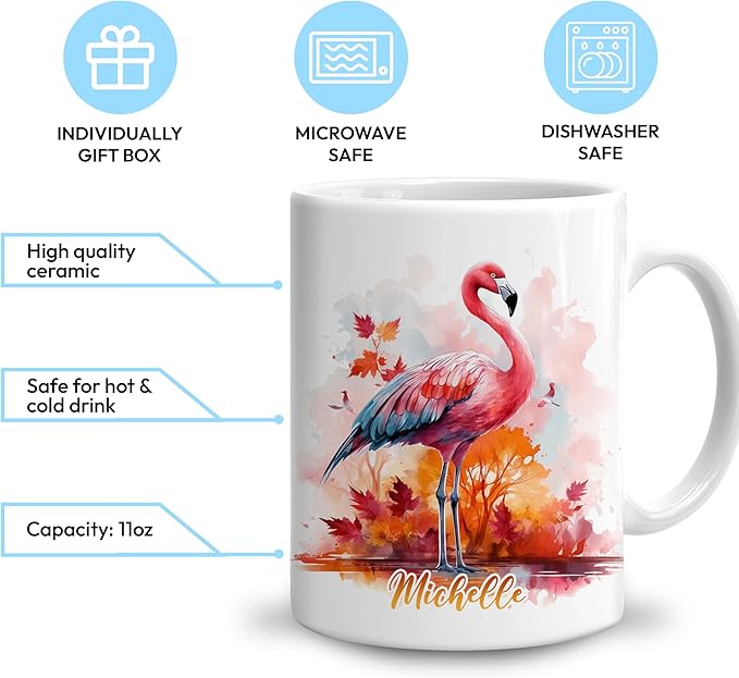 Hyturtle Personalized Fall Flamingo Maple Leaves Coffee Mug - Birthday Gifts For Flamingo Lovers - Fall Autumn Decor Gifts For Farmhouse Thanksgiving - Custom Name 11oz White Ceramic Coffee Tea Mug