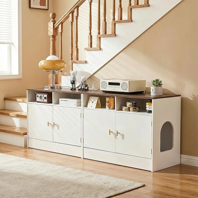 Double Cat Litter Box Enclosure for 2 Cats, 63" Wooden Hidden Cat Litter Box Furniture with Power Outlet, Sliding Bottom Easy Clean, Cat House TV Stand, Walnut