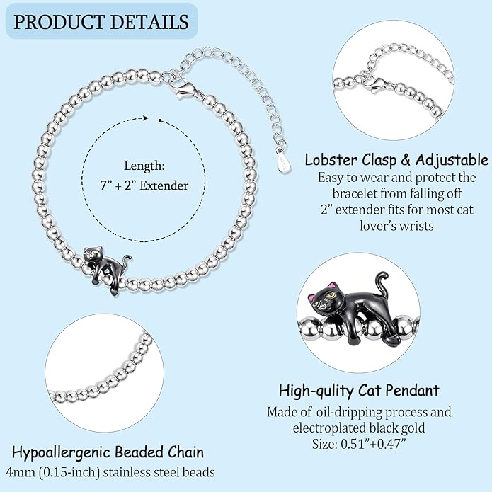 Cat Bracelet Gifts for Women - Stainless Steel Lucky Black Cat Themed Jewelry Presents, Cat Lover Lady Mom Gifts Idea for Christmas Stocking Stuffer