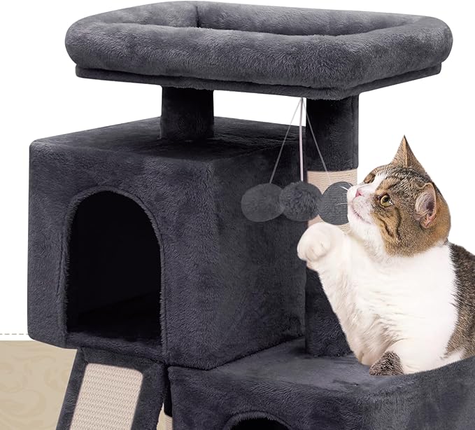 Athena Collection Small Cat Tree, Modern 34 Inch Cute Cat Tree Tower with Scratching Post 2 Condo Activity Platform and Playing Ball for Indoor, Dark Grey