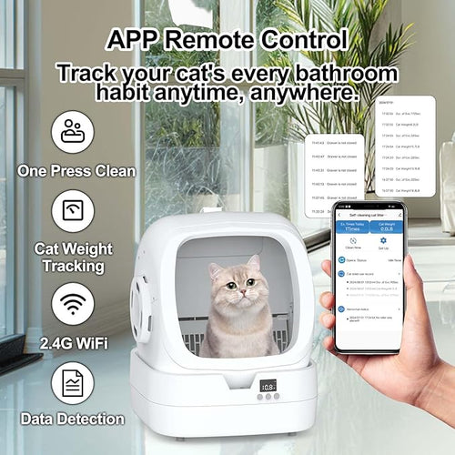 Automatic Cat Litter Box Self Cleaning - APP Control - Weight Monitoring - Ultra-Quiet, Medium Cats and Kittens Litter Box, Safe Anti-Pinch【Assembly Required】- White