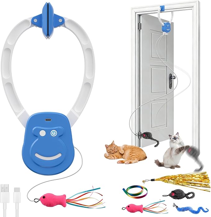 Automatic Cat Toy for Indoor Cats, Interactive Door Hanging Cat Toy with Smart Touch Restart, USB Rechargeable Cat Teaser with Elastic Rope, Adjustable Height Cat Toy for Kittens & Adult Cats (Blue)