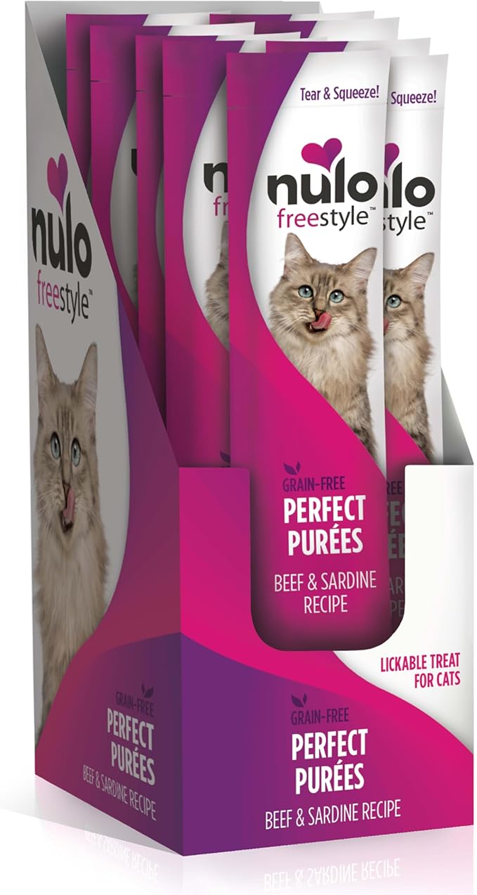 Nulo Freestyle Lickable Cat Treats - Perfect Purées Beef & Sardine, Squeezable Grain-Free Wet Cat Food Topper, High Moisture for Hydration, 48 x 0.5oz
