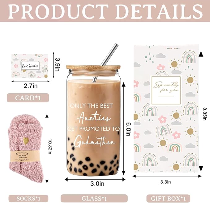DHQH Godmother Proposal Gift for Women, Godmother Mothers Day Gifts from Godchild, Birthday Christmas Gifts Set with 16 Oz Coffee Glass Cup