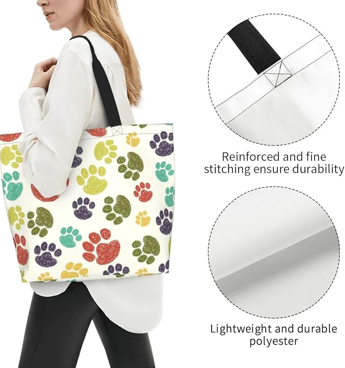 Colorful Paw Print Tote Bag for Women, Cute Dog Cat Paws Print Purse Gifts for Cat Dog Lovers, Shoulder Reusable Shopping Handbags Casual Travel Polyester Summer Beach Grocery Bag Holiday Gifts