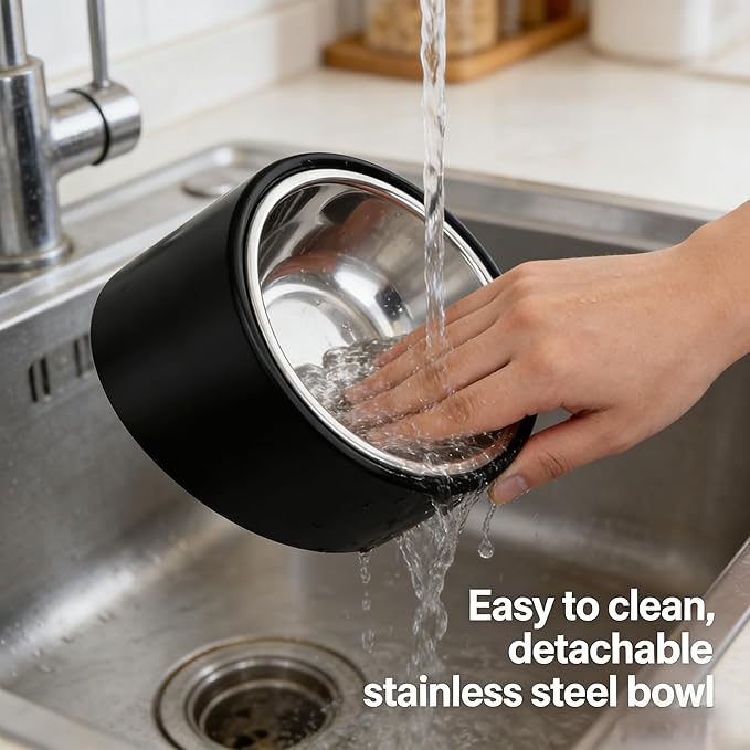 15° Tilted Slow Feeder- Non-Spill & Non-Slip Stainless Steel Dish for Small & Cats - Detachable 160ml Elevated Black (Size S)