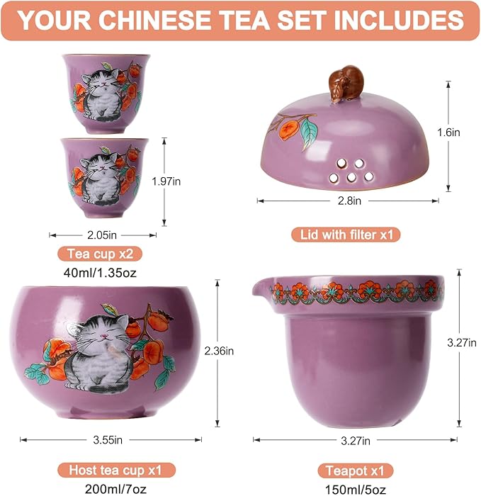 Mini Tea Cups,Cute Lucky Cat Cups,Small Tea Mugs,Porcelain Gongfu Tea set with 3 in 1,Tea Sets for Adults,Ceramic Tea Infuser Cup for Loose Leaf for Women/Tea Lovers/Birthday/Mother's Day (Purple)