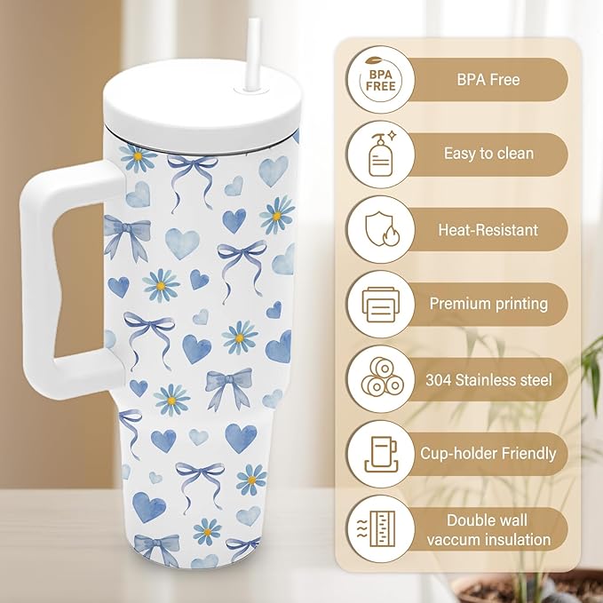Bow Tumbler With Handle 40 Oz, Blue Bow Insulated Tumbler For Women, Christmas Gifts For Women Girls Mom Wife Friends, Blue And White Christmas Insulated Cup