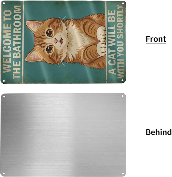 Funny Bathroom Sign Welcome to The Bathroom A Cat Will Be with You Shortly Humorous Restroom Decor Quirky Cat Lover Gift Novelty Aluminum Sign 8x12 Inches Orange Cat-02