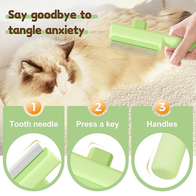 Pet Hair Removal Comb Flea Comb, 2025 Upgrade Cat Grooming Brush, Cat Brush with Release Button, De-Shedding Hair, Dog Grooming Supplies, Fine-Tooth Massage (White+Green)