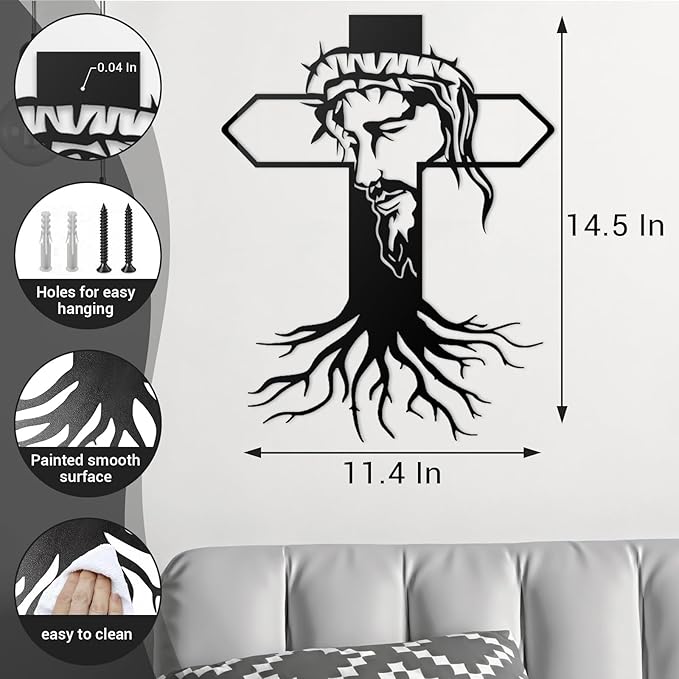 MDFUGEG Metal Cross Jesus Wall Decor-14.5x11.4in Black Religious Wall Art for Christian Catholic | Home Church Living Room Bedroom Decor, Baptism Mother's Day Religious Gifts