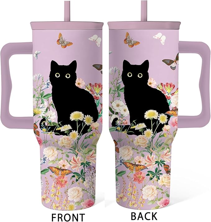Cat Lover Gifts For Women, Stainless Steel Tumbler With Handle 40 Oz, Best Gifts For Cat Lovers, Birthday Christmas Valentine Anniversary Floral Gift For Women, Floral Tumbler Mug Cup