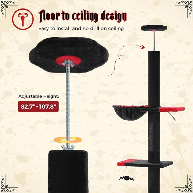 PEQULTI Gothic Cat Tree Floor to Ceiling, Tall Cat Tower, Adjustable Height (83''-108'') 5 Tiers Climbing Tree for Indoor Cats with Cat Condo, Scratching Post and Ladder, Black