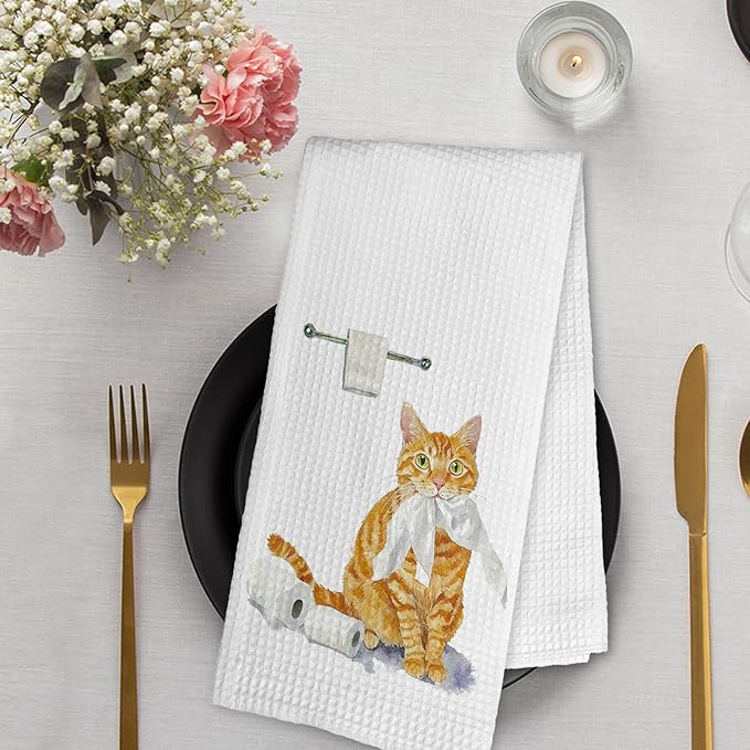 Funny Orange Tabby Cat Hand Towels for Bathroom Washroom Kitchen Decor, Orange Tabby Cat Gifts for Women Men, Cute Cats Decorative Hand Towels Set of 2, Cats Themed Dish Tea Towels, 16x24 in