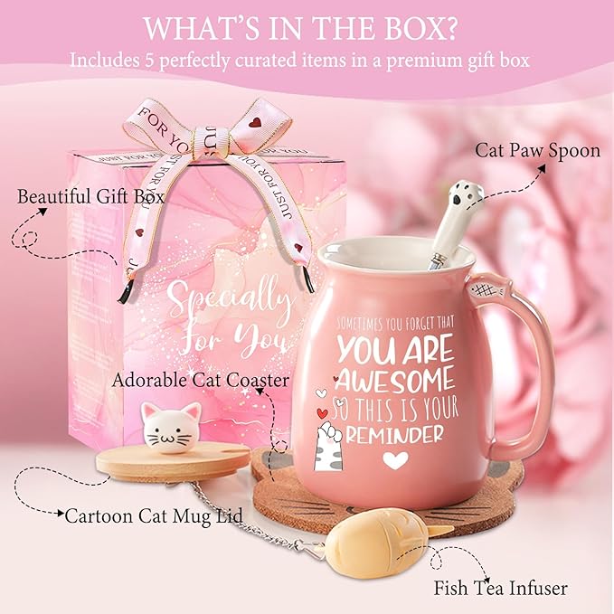 BigNoseDeer Thank You Gifts for Women Cute Cat Coffee Mug Birthday Friendship Christmas Gift for Women Female Mom Cat Lovers Present Kawaii Stuff Funny Tea Cup Stocking Stuffers White Elephant Gifts