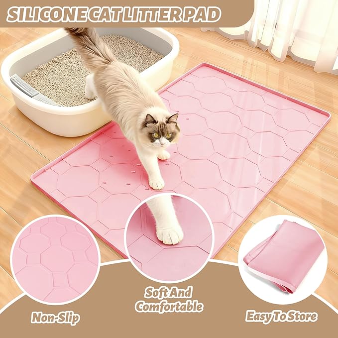 Silicone Cat Litter Mat for Litter Box-28" X 22" Litter Mat for Cat, Waterproof & Leak-Proof Trapping Design, Non-Slip Durable Easy to clean (Pink)