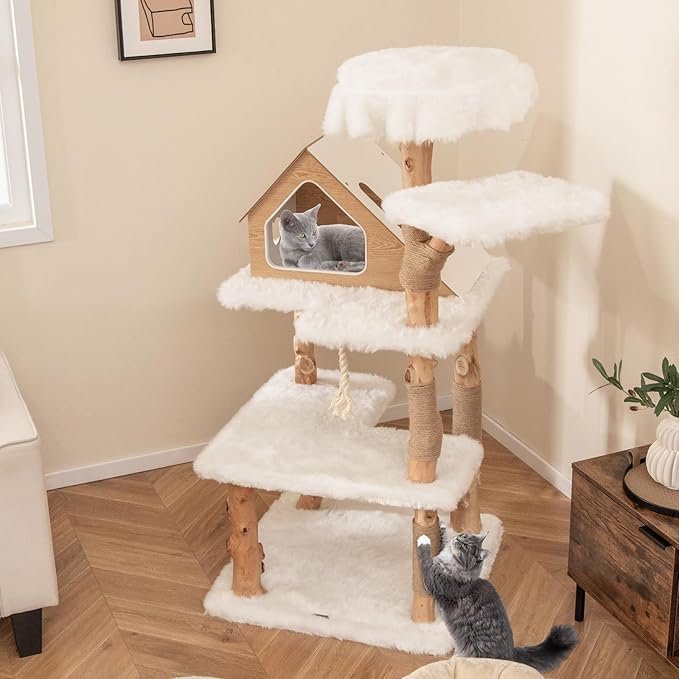 Tangkula Solid Wood Cat Tree, Modern Wooden Cat Tower with Jute Scratching Posts, 2 Perches, Condo, Sisal Rope, Soft Long Plush, 60 Inch Tall Cat Tree Tower for Indoor Cats Large Adult