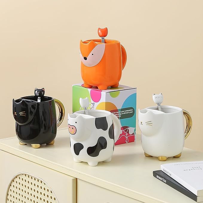 Yuwu 17oz Fox Mug with Built-in Tea Bag Holder and Spoon-Cute Glossy Ceramic Animal Tea Cup for Kids, Women, Girls-Gift for Autumn, Birthday, Christmas (orange)