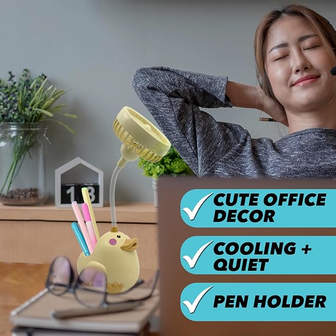 Cute Yellow Duck Desk Fan with Pen Holder — Animal Fan, Duck Decor for Office, Funny Accessories, Small USB Fan, Unique Teacher Gift, Coworker Gift, Novelty Decor